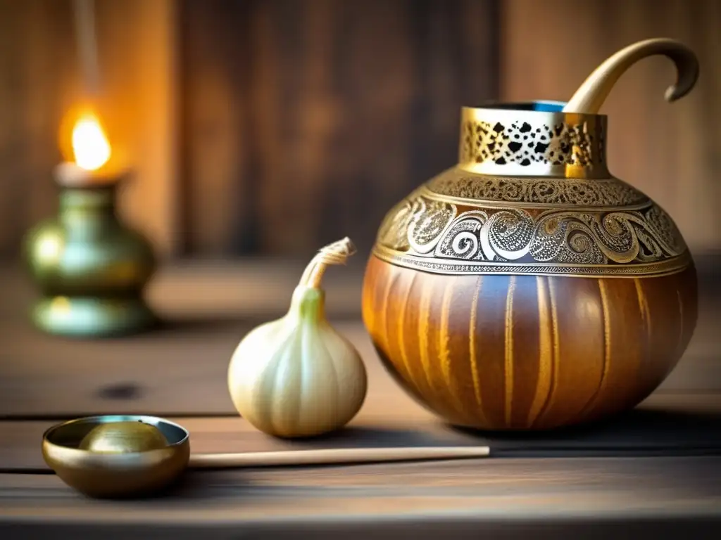 Detallada imagen vintage de mate tradicional con bombilla de metal sobre mesa rústica de madera