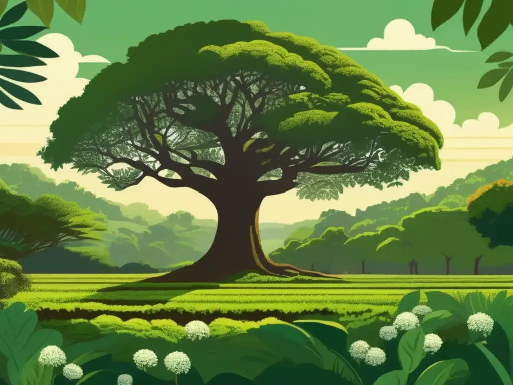 Yerba Mate: Tradición y Belleza Ilustración detallada de un paisaje exuberante en Misiones, Argentina, donde crecen los árboles de yerba mate
