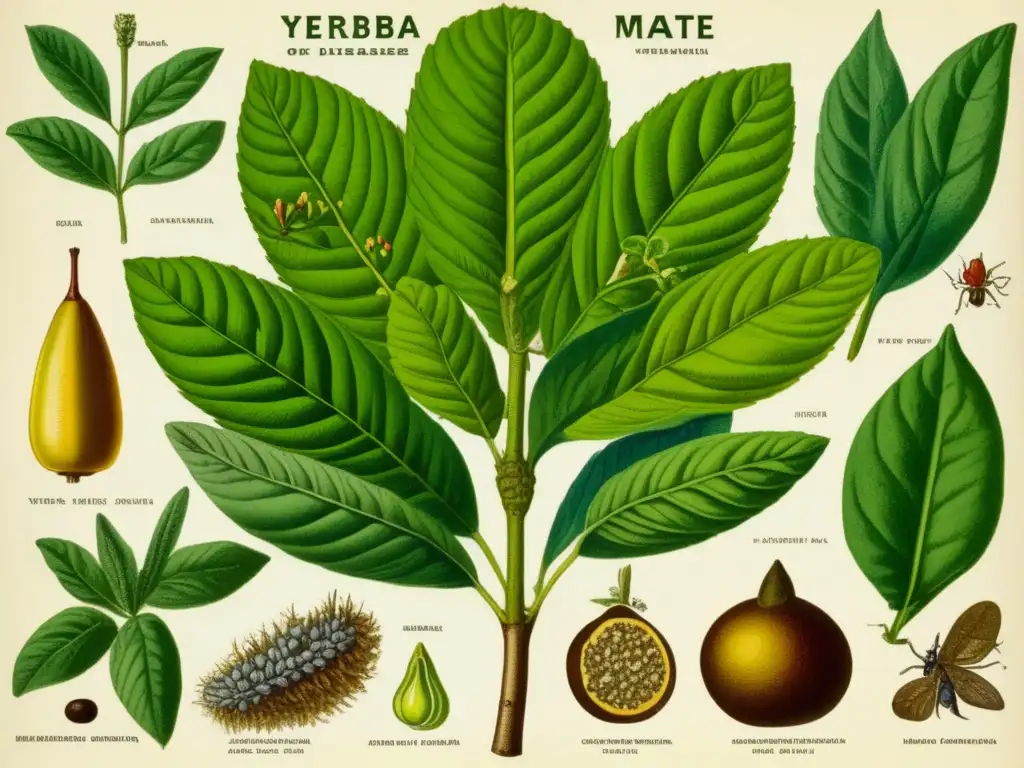 Ilustración detallada de plagas y enfermedades en el cultivo orgánico de yerba mate