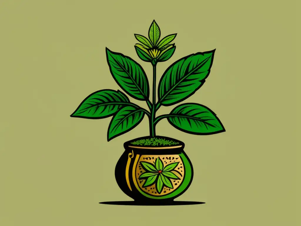 Ilustración detallada de planta de yerba mate, con hojas verdes vibrantes y proceso tradicional de secado - Beneficios del mate para la salud ósea