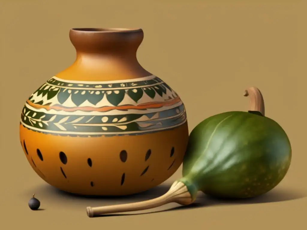 Ilustración detallada de mate rioplatense con gourd tallado, mate y bombilla