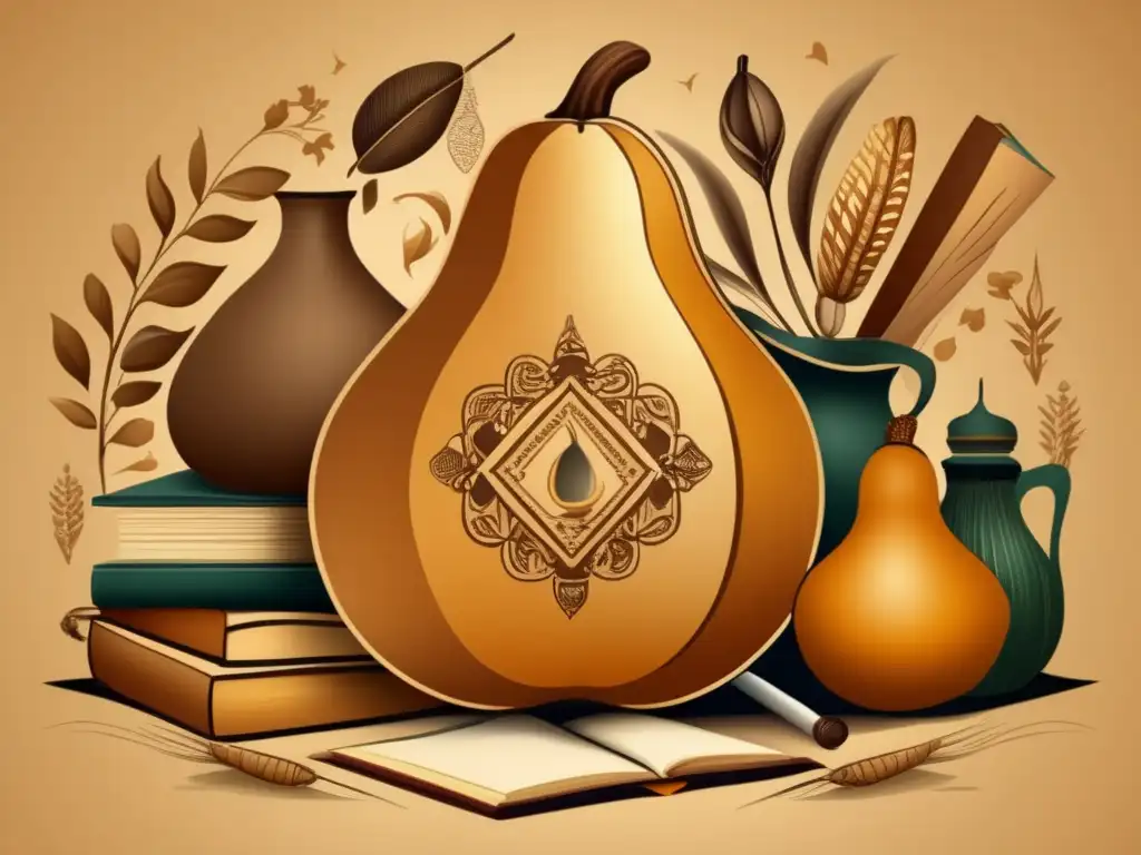 Ilustración detallada de una tradicional mate gourd rodeada de símbolos literarios, evocando historia y cultura rioplatense