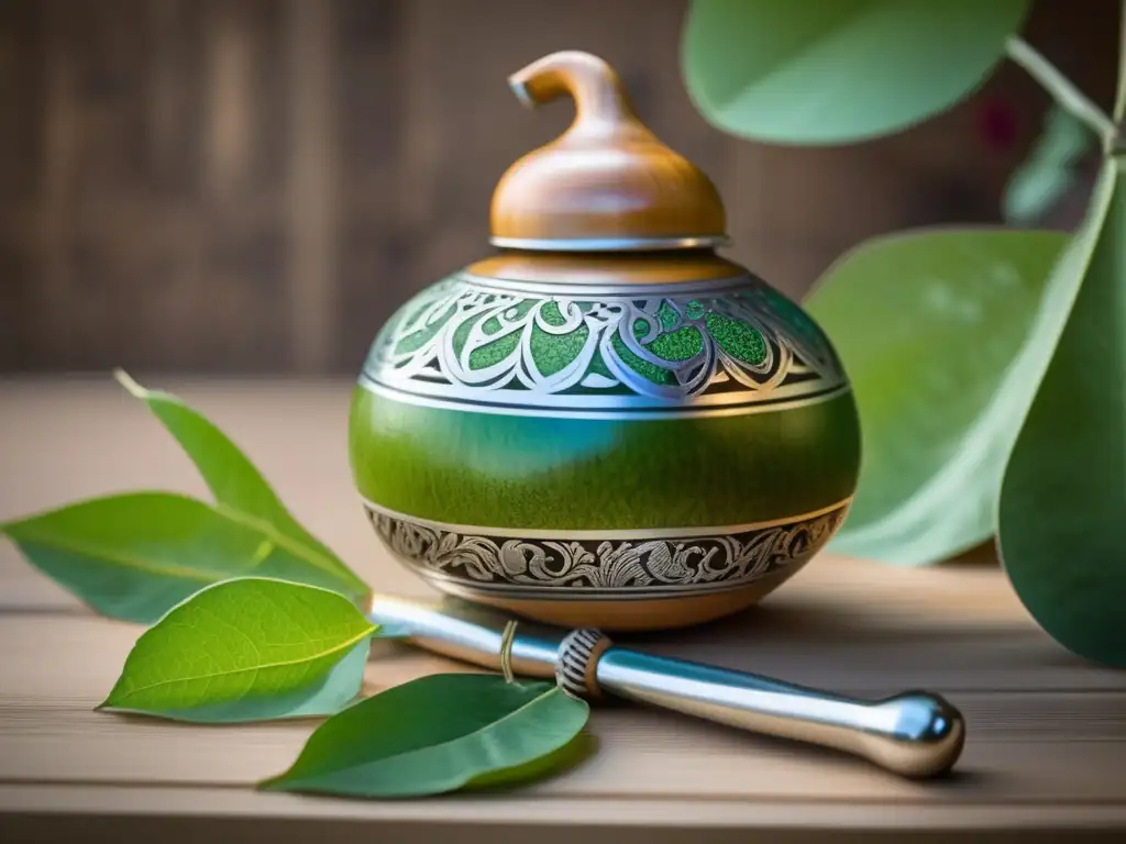 Detalle vintage: mate de madera tallado con yerba mate, bombilla de plata y técnicas ancestrales cebado mate tradicional