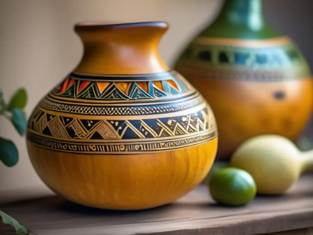 Detalle de una mate gourd con diseños tradicionales y colores vibrantes que reflejan la tradición del mate en la región rioplatense