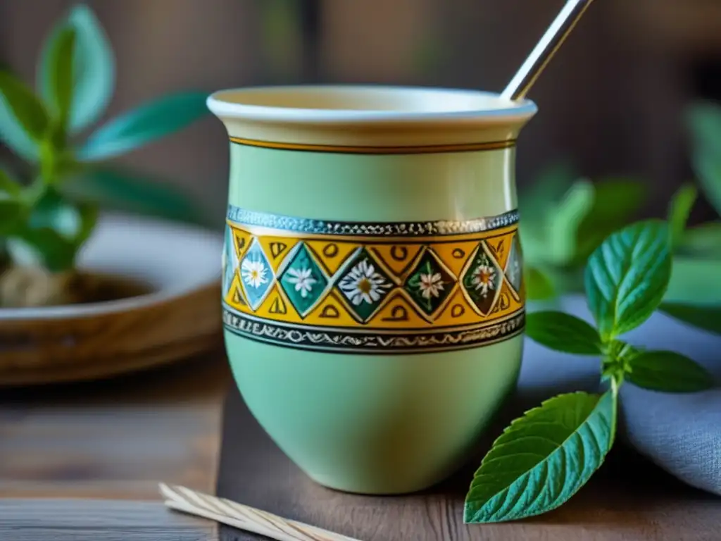 Detalle de una taza de cerámica vintage de tereré, llena de tereré helado, en una mesa de madera