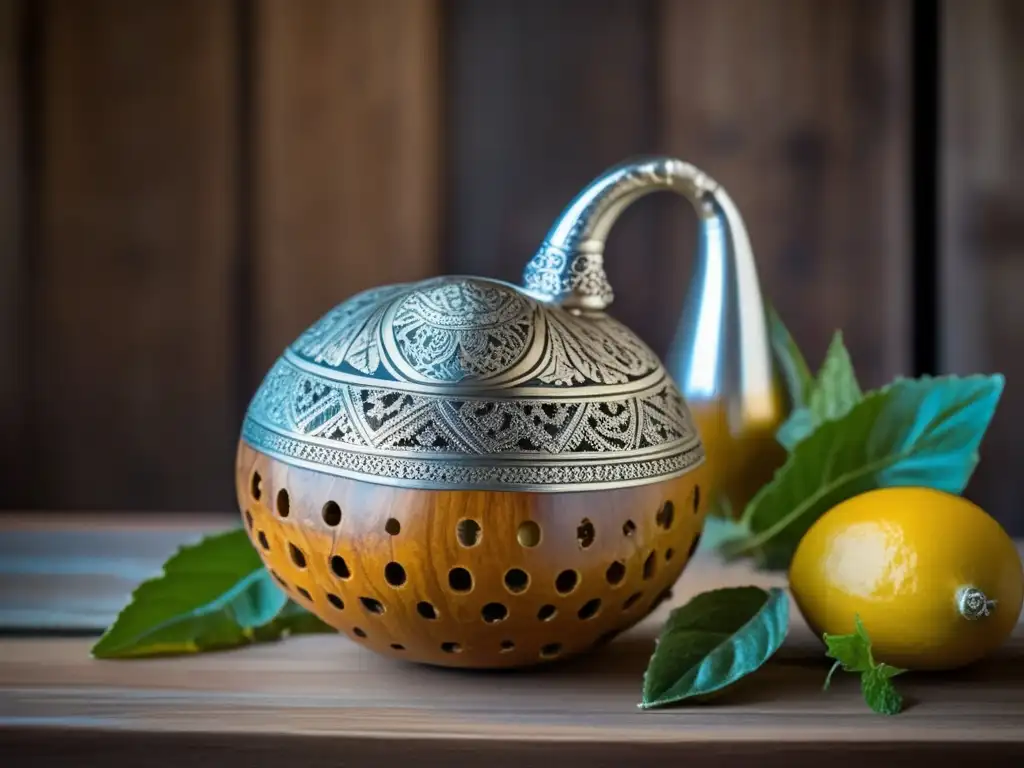 Gourd de tereré con detalles tallados, bombilla plateada y mantel paraguayo - Diferencias entre mate frío y tereré