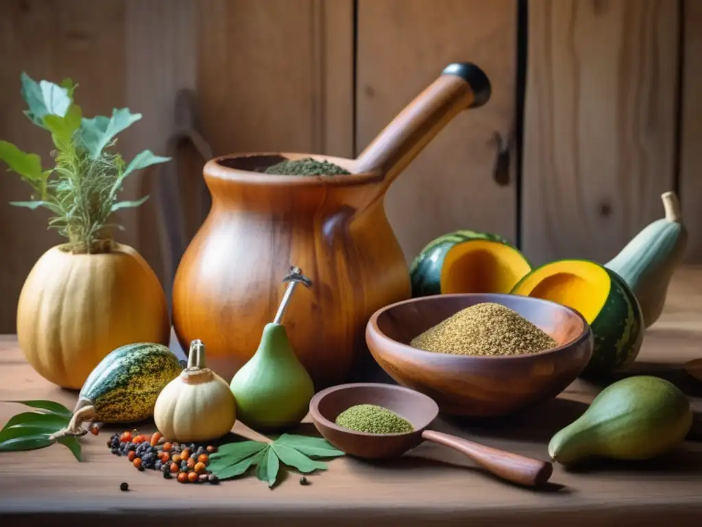 Diferencias entre mate brasileño uruguayo: ilustración vintage de mesa con mate, gourds, bombillas y hierbas secas