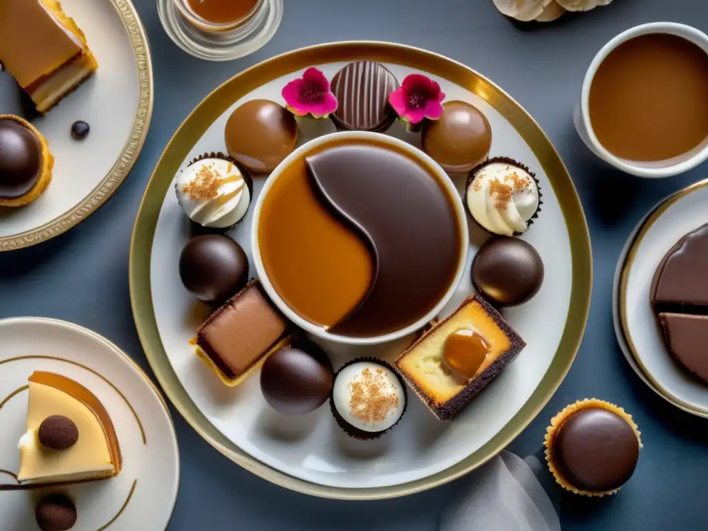 Combinación dulce mate caramelo arte: exquisito postre con caramelo, chocolate y flan en una hermosa presentación vintage