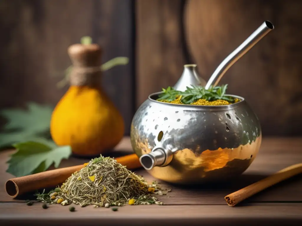 Efecto antiinflamatorio del mate: gourd con yerba mate, bombilla, hierbas y especias, ambiente acogedor