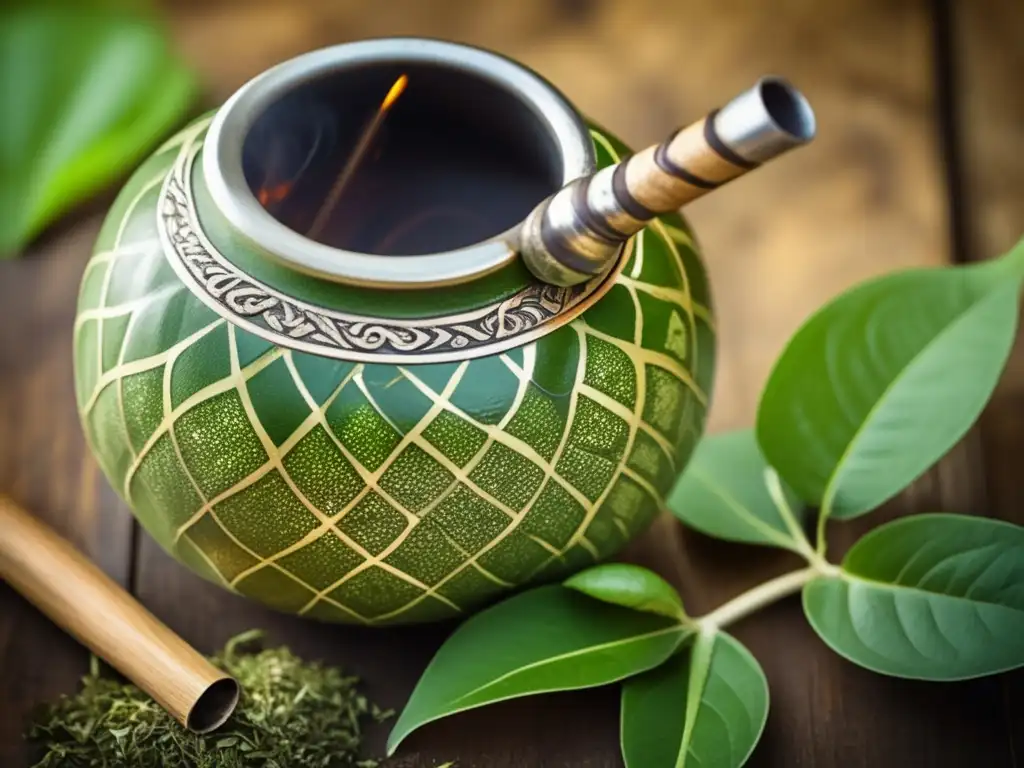 Efectos energizantes de la yerba mate: gourd, bombilla, hojas, té oscuro y aromático