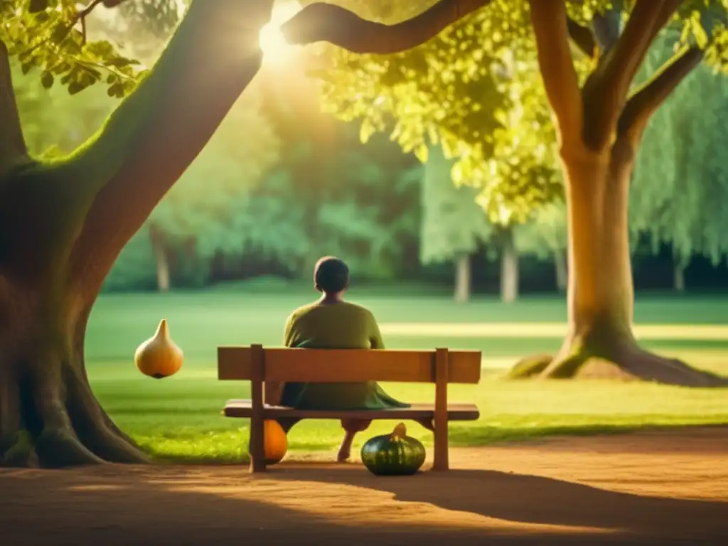 Efectos del mate en la salud mental: persona en parque rodeada de árboles antiguos, tomando mate en banco de madera