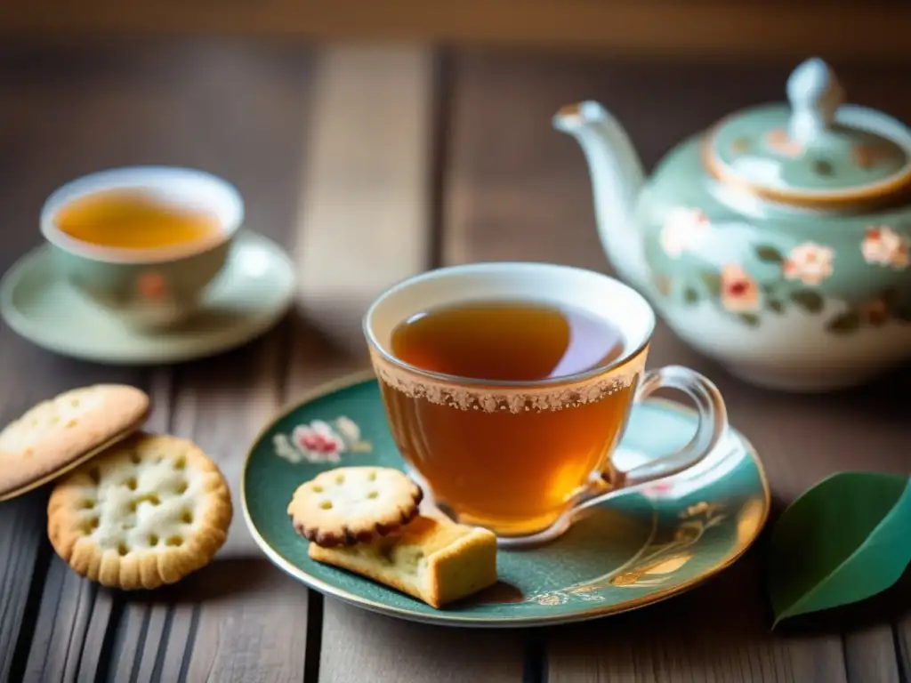 Efectos salud reproductiva yerba mate: Imagen de un juego de té vintage en una mesa de madera con una taza de mate tradicional y galletas