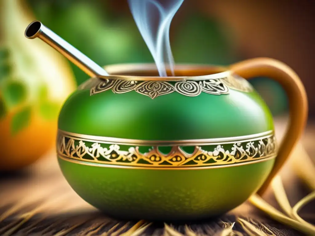 Efectos saludables del agua caliente en el mate - Gourd y bombilla de mate vintage con detalles tallados y vapor evocando tradición y nostalgia