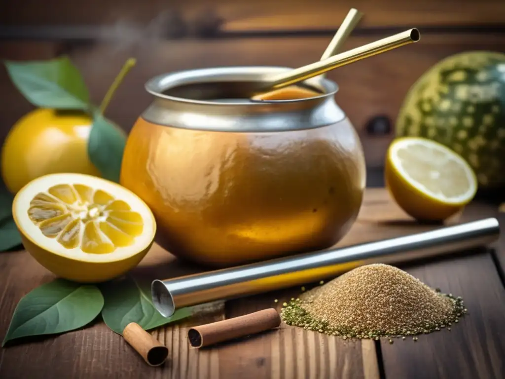 Elaboración de bebidas dulces con mate en una imagen vintage de una tradicional bombilla y mate en una mesa de madera rústica