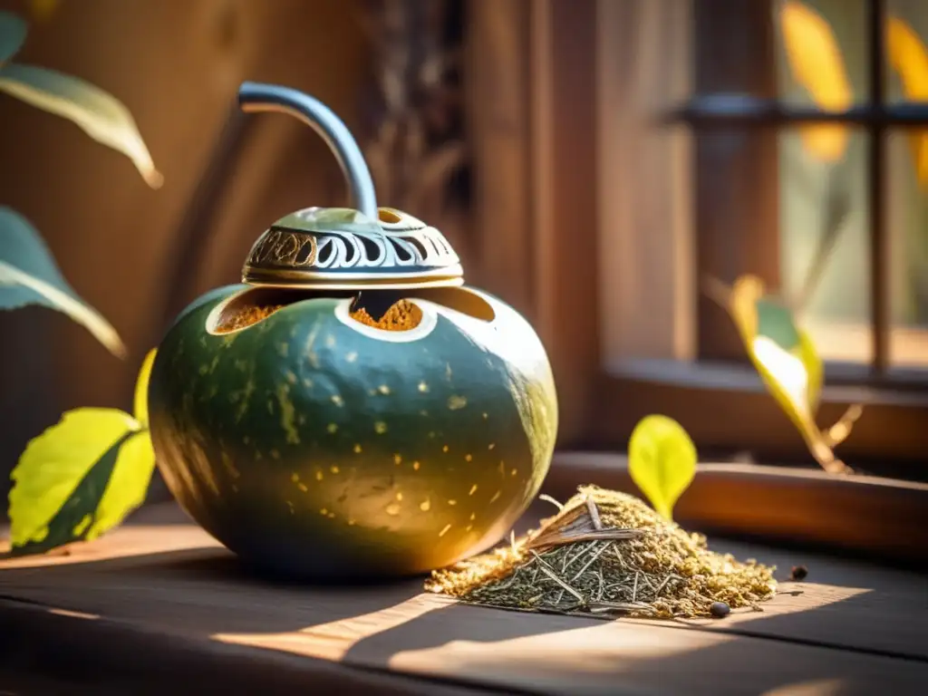 Conexión emocional con el mate: tradición y preparación en una imagen vintage de mate y bombilla en una mesa rústica