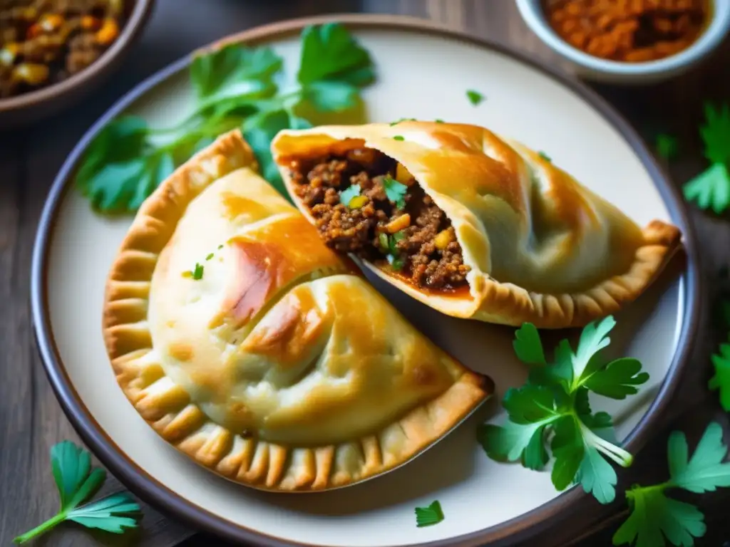 Empanadas tradicionales para maridar con mate - Detalle de empanadas doradas rellenas de carne, cebolla y especias, sobre una mesa de madera rústica