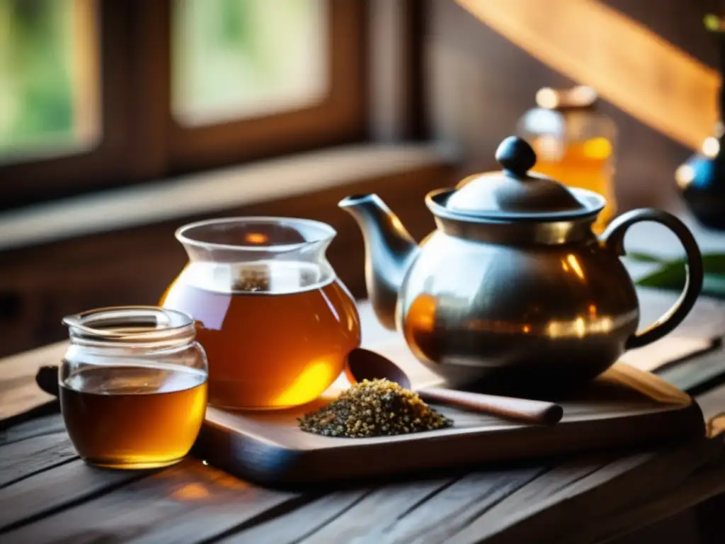 Endulzantes naturales para mate saludable - Teapot vintage con mate, miel, agave, stevia y frutas secas en mesa de madera rústica