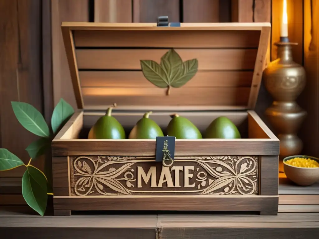 Envases ecológicos yerba mate tradición: caja de madera envejecida con carvings, yerba mate y packaging ecofriendly