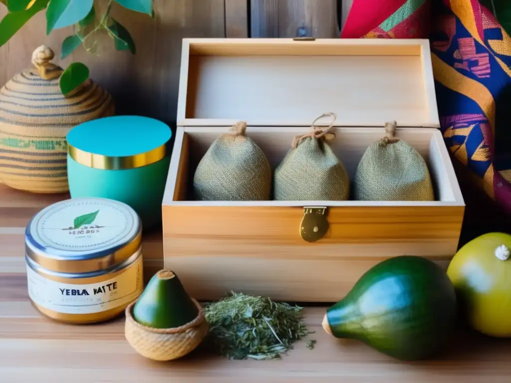 Envases ecológicos yerba mate tradición - Caja de madera vintage llena de hojas de yerba mate, rodeada de alternativas de empaque ecológico como bolsas de papel biodegradables, latas metálicas reutilizables y bolsas de celulosa compostables