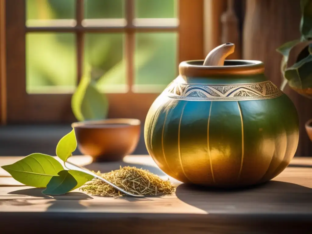 Envases ecológicos yerba mate tradición: imagen detallada de una mate de madera vintage con yerba mate, bombillas y hojas secas en una mesa rústica