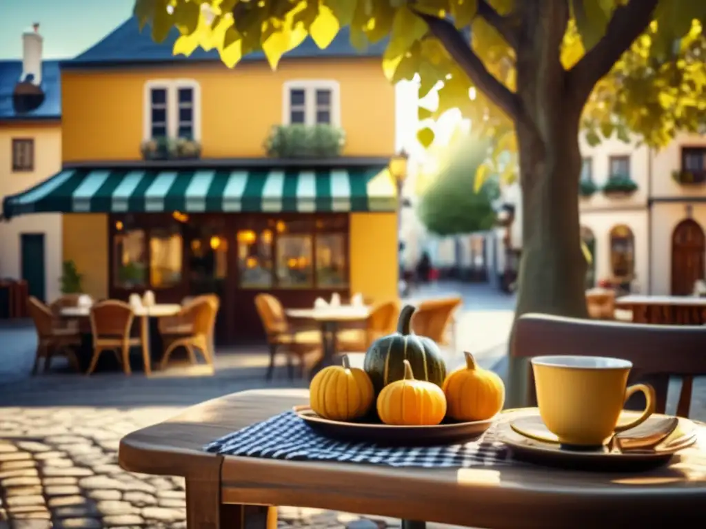 Escena acogedora de café al aire libre con mesas de madera y sombrillas a cuadros