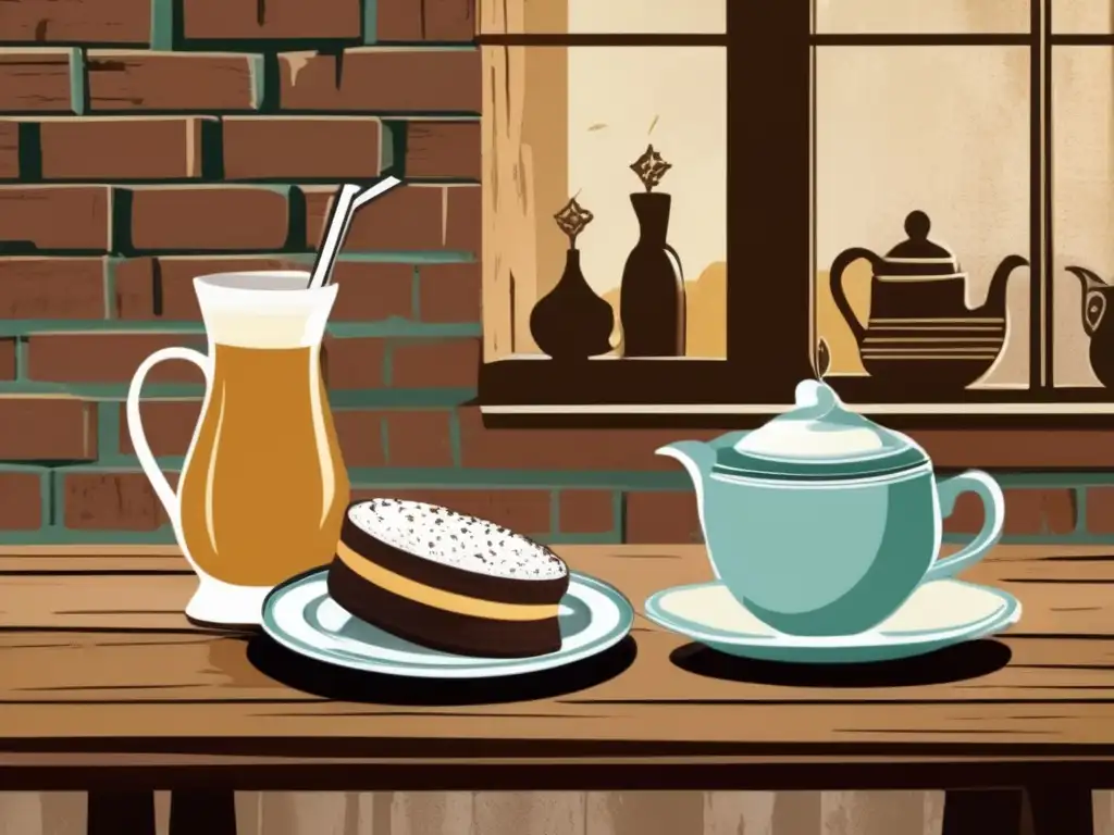 Ilustración vintage de una escena acogedora en un café rioplatense, con mesa de madera, mate y alfajores