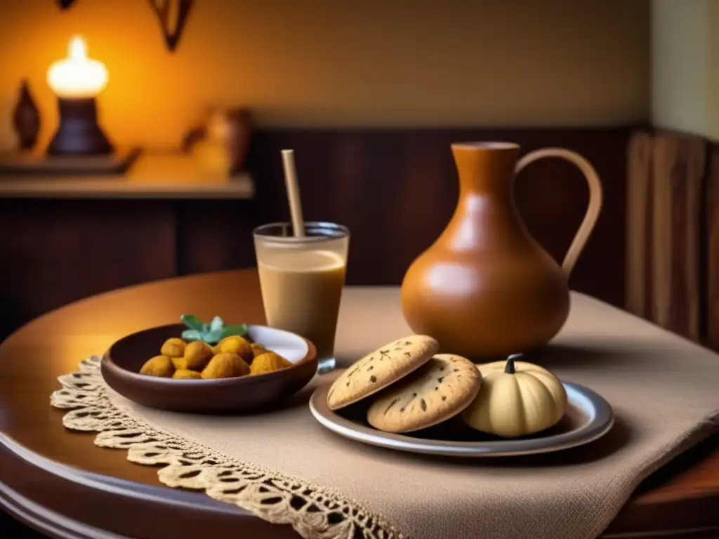 Escena acogedora de un café tradicional Rioplatense con galletas de mate y miel artesanales