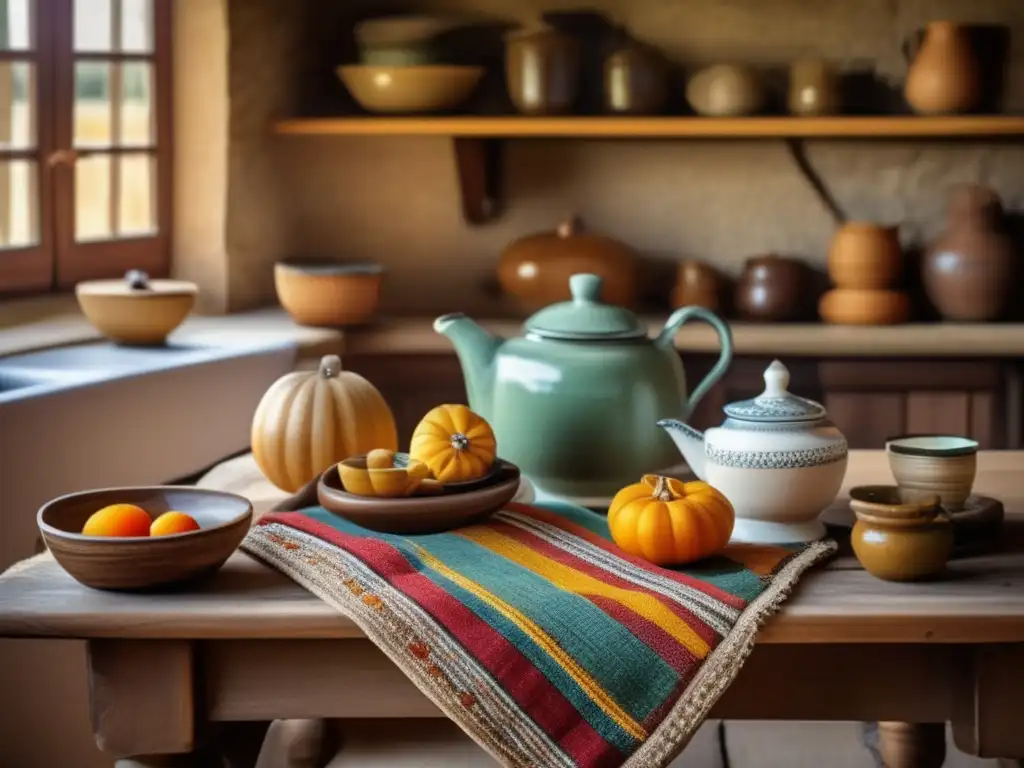 Escena acogedora de cocina rústica con galletas de campo para acompañar mate (110 caracteres)