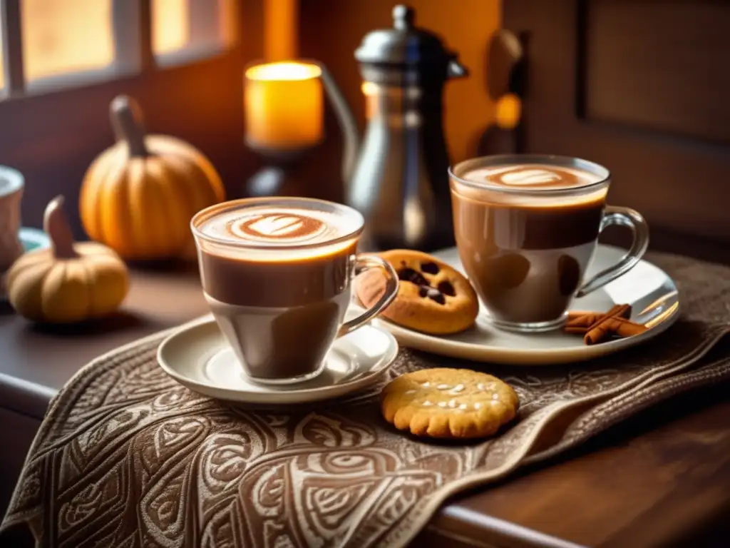 Escena acogedora: mate, chocolate caliente y galletas en mesa de madera con mantel estampado