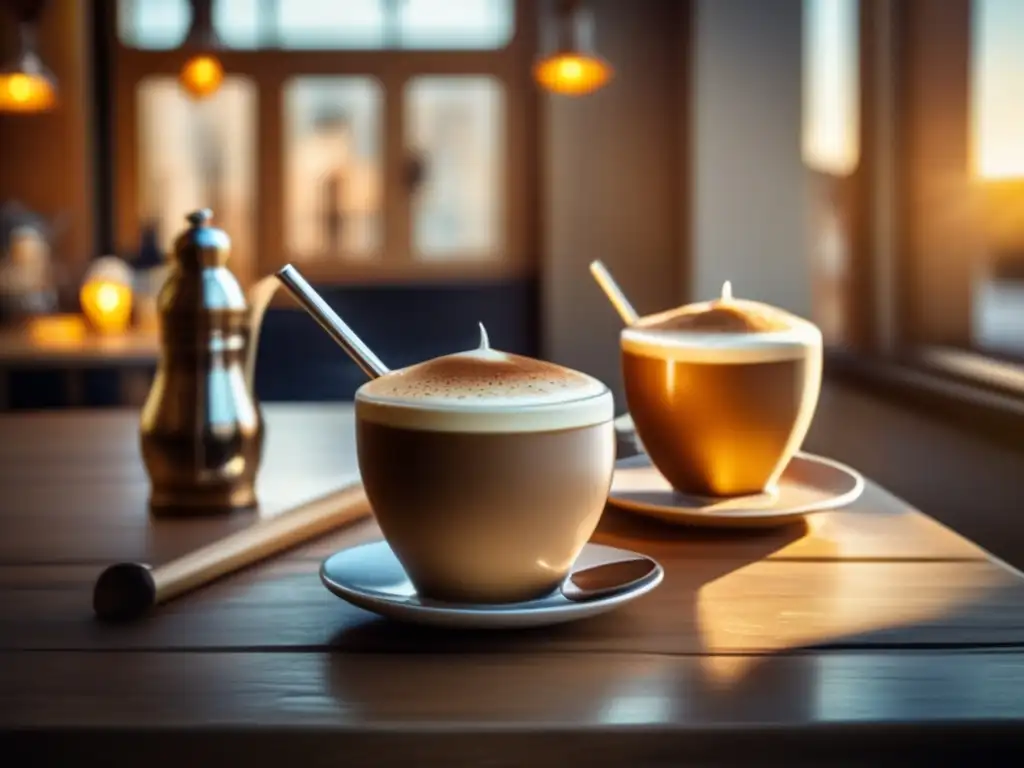 Escena de café acogedora con mesa de madera rústica, set de mate latte y decoración tradicional