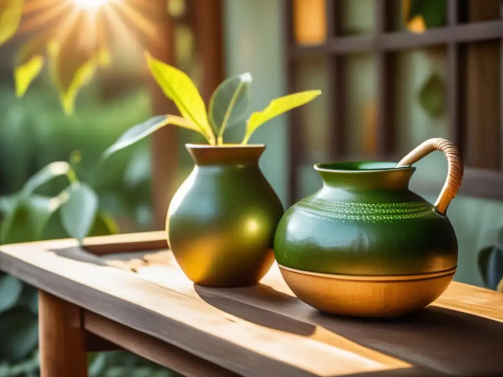 Escena acogedora de una mesa de madera en un patio soleado con una tradicional mate gourd, libros antiguos y jardín exuberante