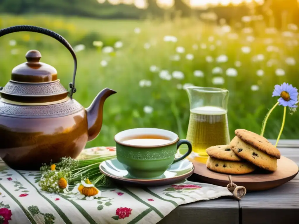 Escena acogedora de una mesa rústica al aire libre con galletas de campo, mate y flores