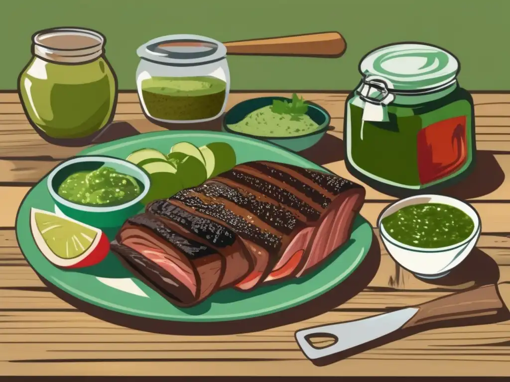 Escena de barbacoa argentina con salsas y yerba mate