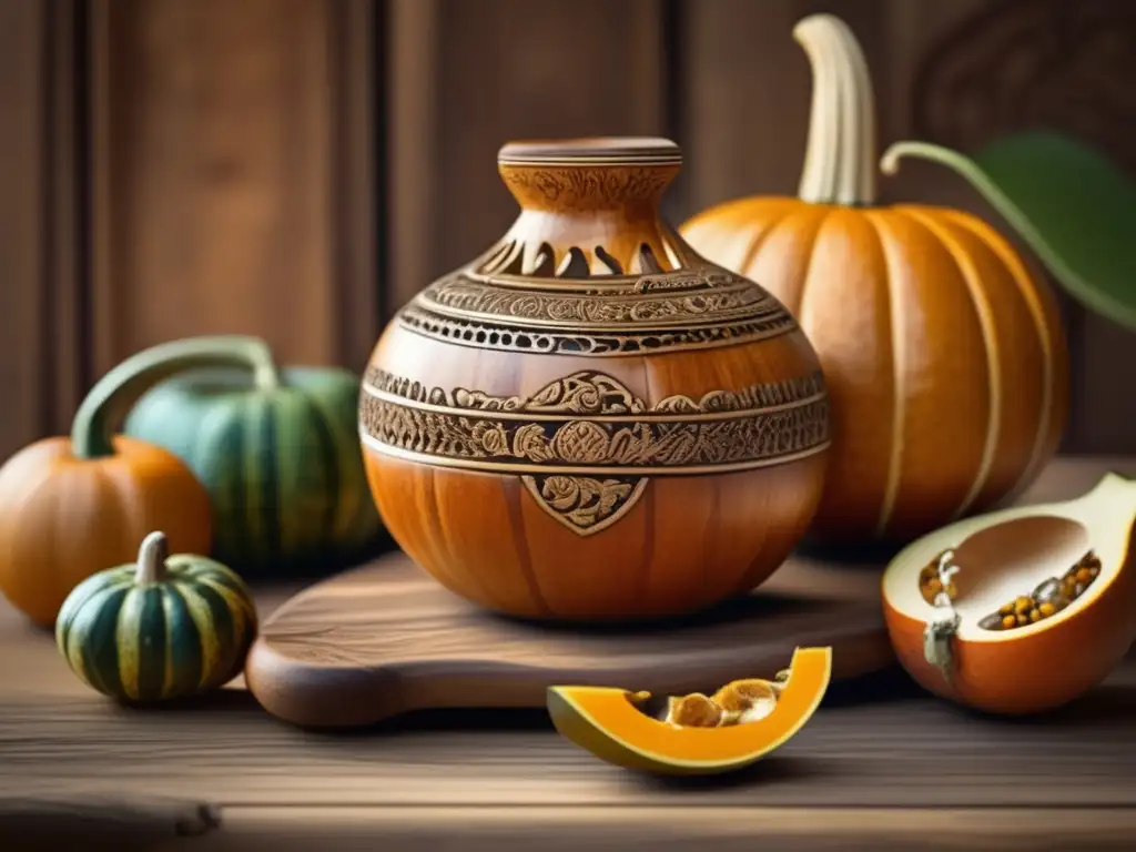 Escena artesanal de personalización de mates: calabaza tallada, cuchara y yerba mate