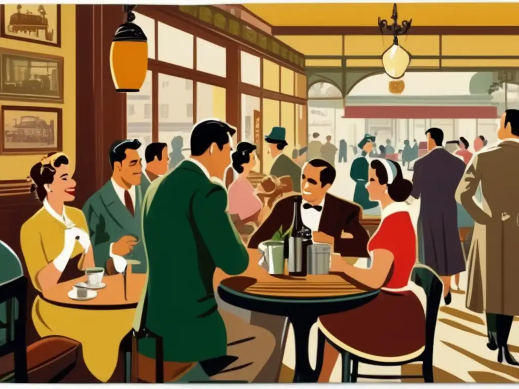 Escena de una cafetería vintage en Buenos Aires en los años 50, con clientes disfrutando del mate y una publicidad de época