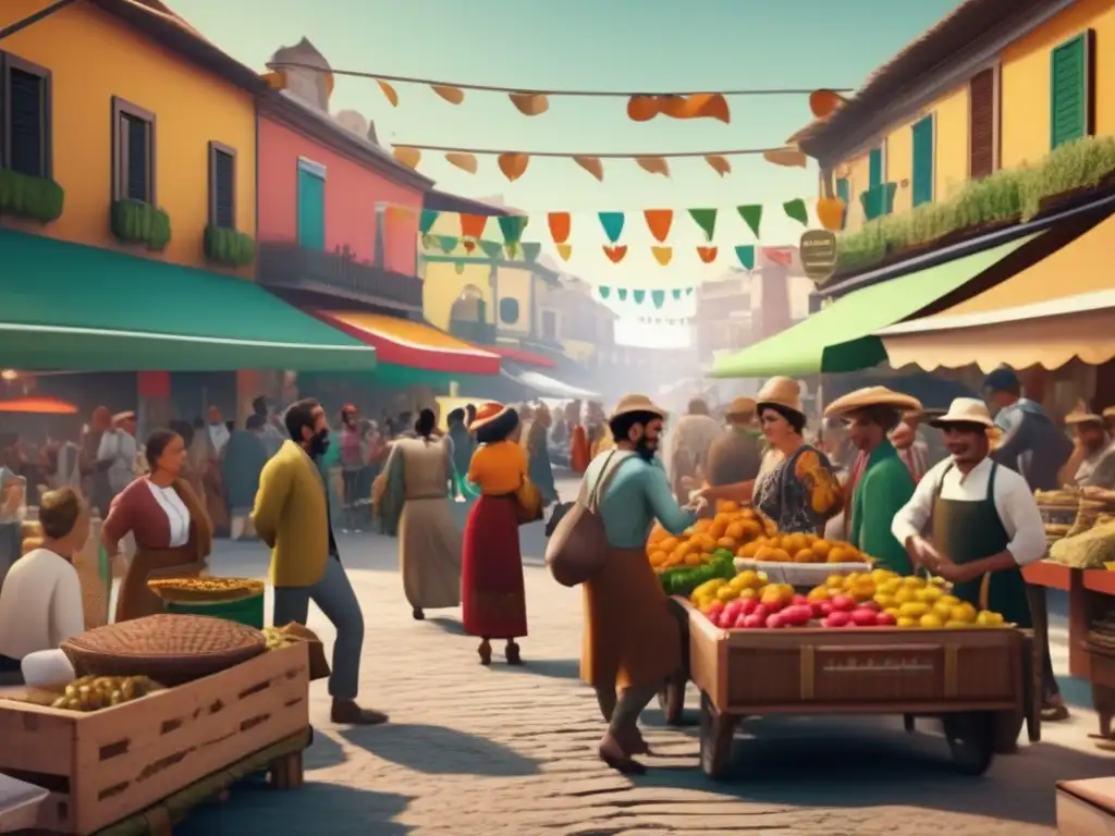 Escena de calle vibrante en estilo vintage con mercado al aire libre y multitudes animadas