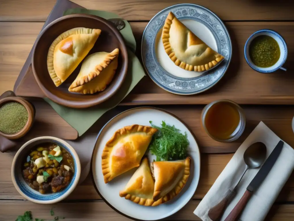 Escena de cocina argentina vintage con mesa de madera rústica, empanadas de carne doradas, mate y ambiente cálido