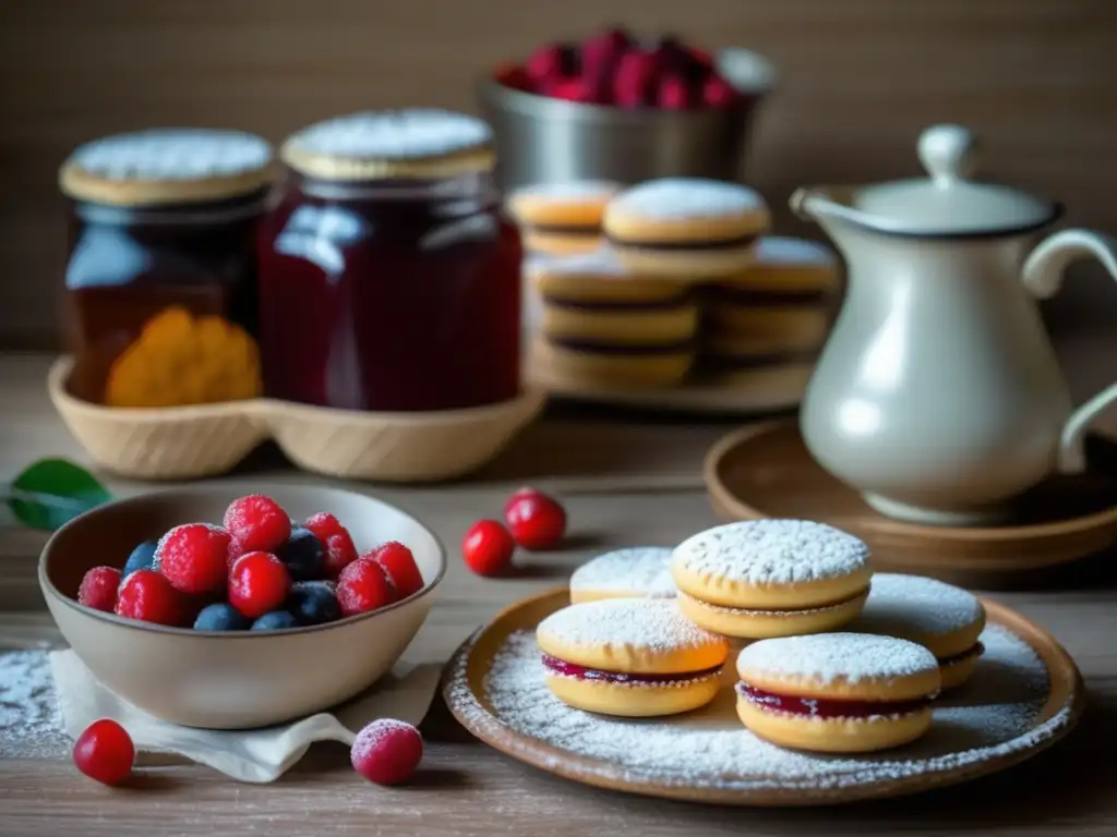 Escena de cocina vintage con mesa de madera rústica, alfajores de maicena, frutos rojos y mate tradicional - Dulces para acompañar el mate tradicional