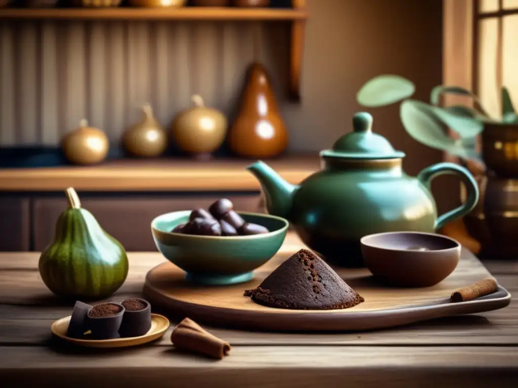 Escena de cocina vintage con mesa de madera rústica, mate y brownies de yerba mate - Recetas de brownies con yerba mate