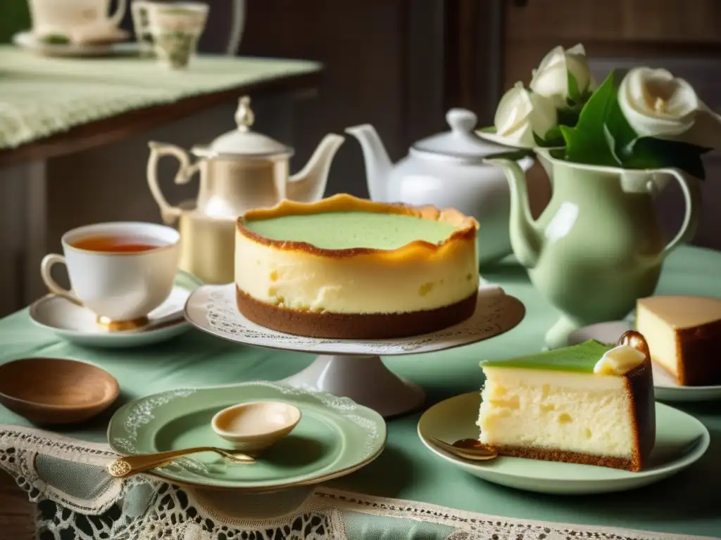 Escena detallada de una cocina vintage con una mesa de madera rústica, un cheesecake de mate y tazas de té vintage