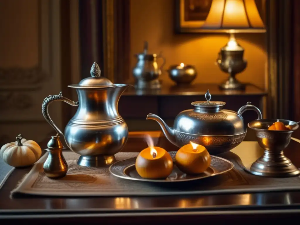 Escena detallada de un diplomático extranjero en una mesa decorada con elegante mate de plata y bombilla, vertiendo agua caliente en el mate gourd