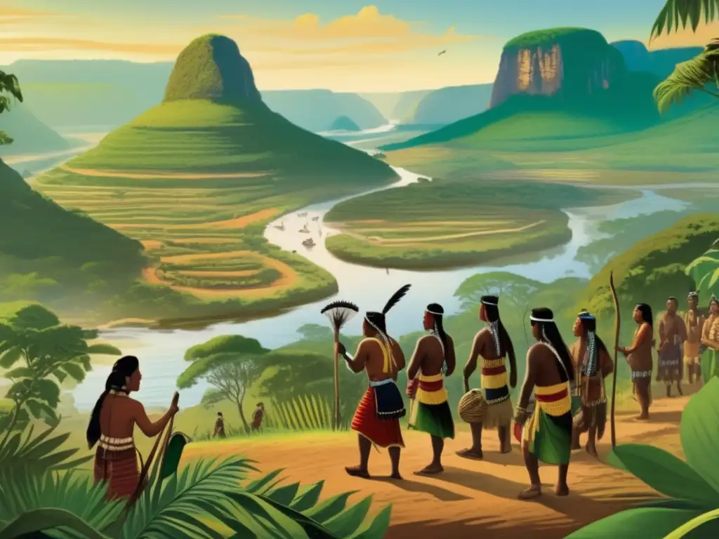 Escena detallada de la llegada del mate a Sudamérica, con paisaje vibrante, indígenas Guarani y exploradores descargando yerba mate