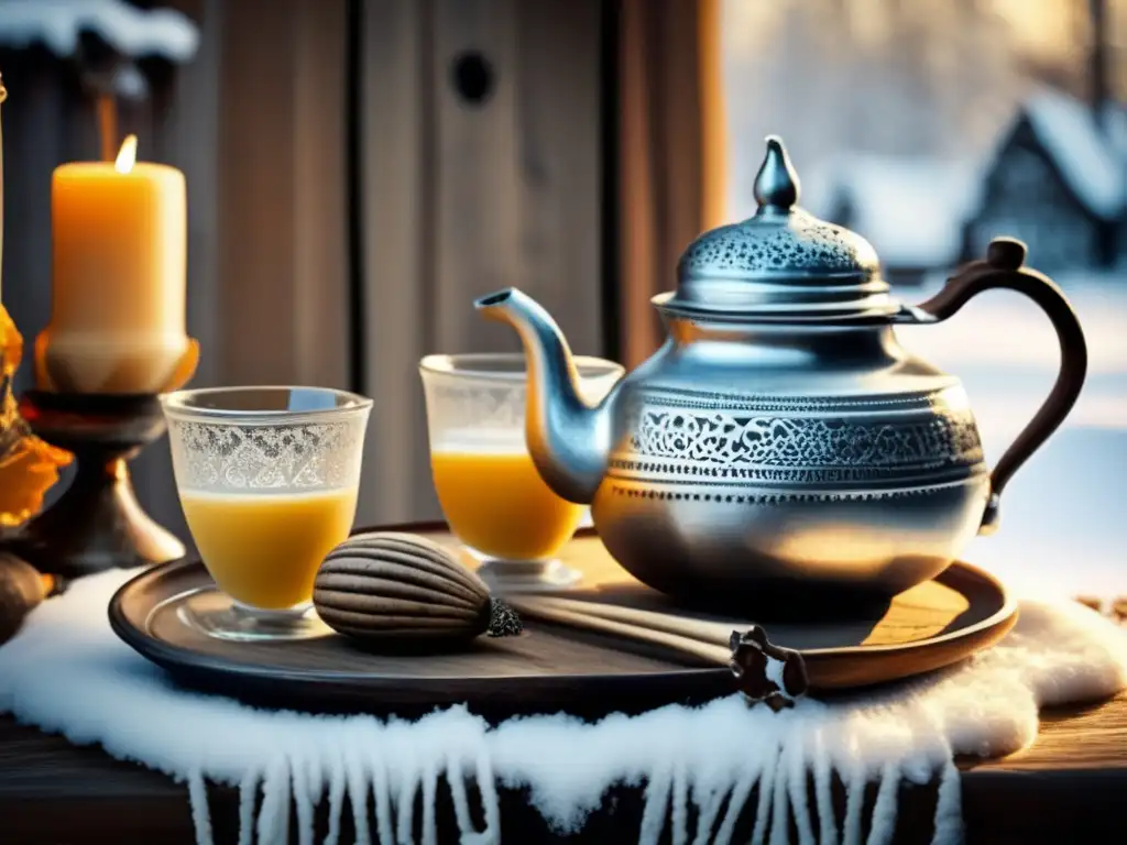 Escena invernal acogedora con mate dulce y alfajores para recetas de invierno