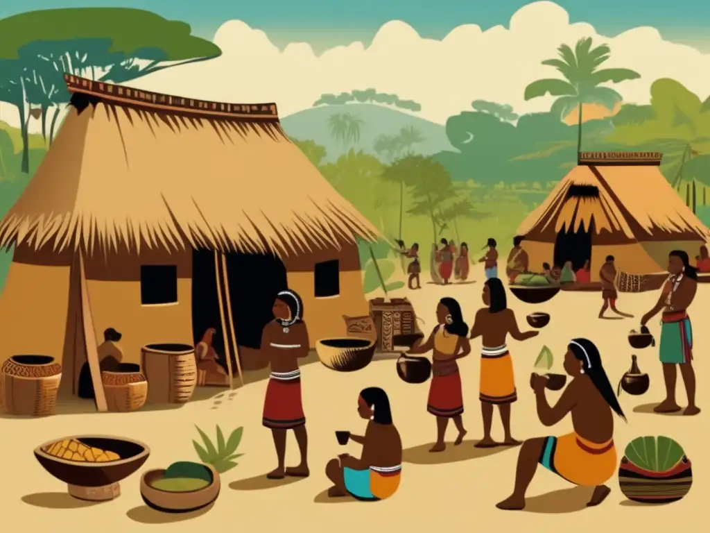 Mercado precolombino con mate Ilustración vintage de una escena de mercado en una cultura indígena precolombina, resaltando la tradición del mate en el Río de la Plata