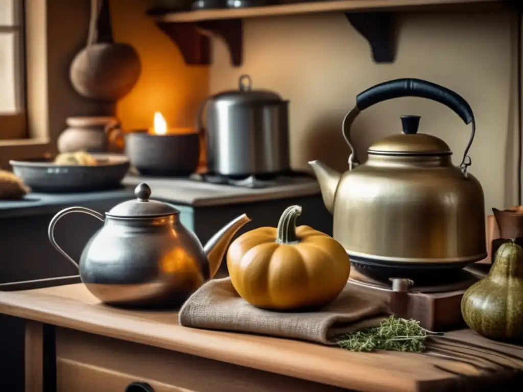 Escena nostálgica de cocina rioplatense: mesa rústica con mate, galletas y recetas - Marketing del mate amargo en la región rioplatense