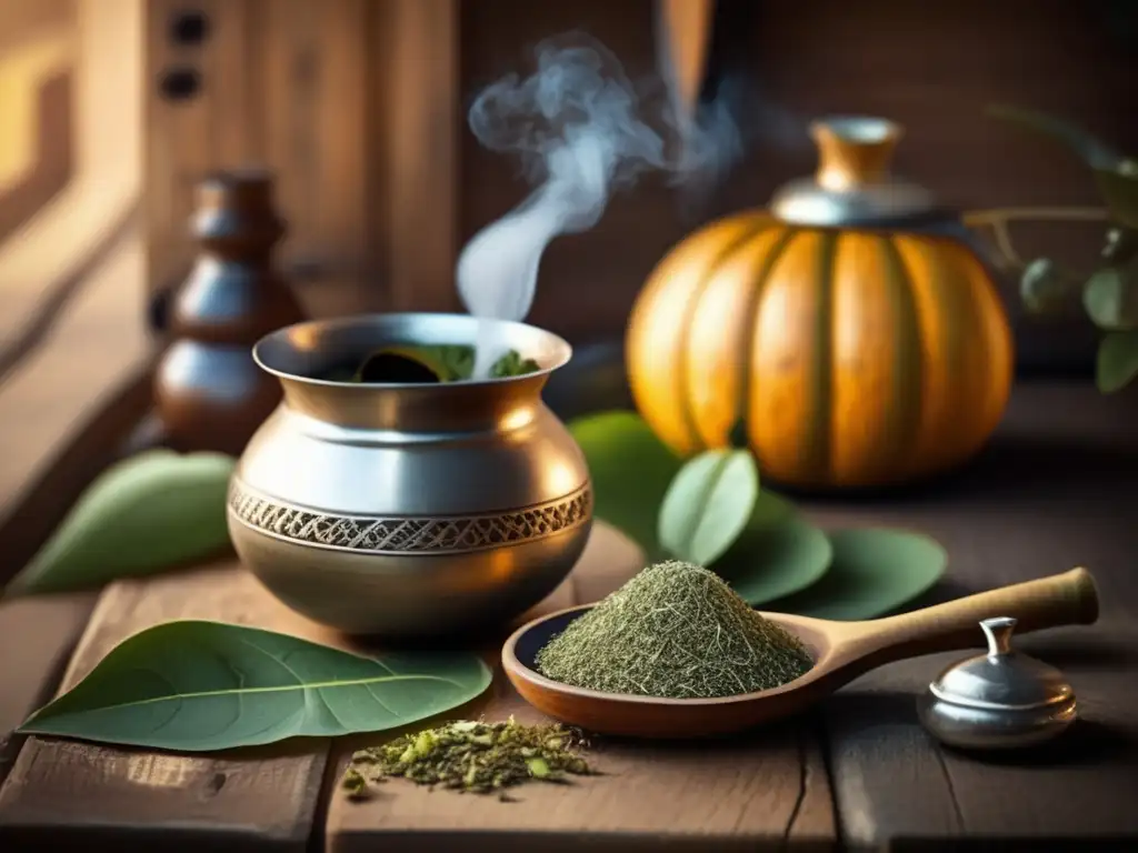 Escena nostálgica de mate: mesa de madera con mate, libros antiguos, luz cálida, paisaje de mate + Semana del Mate en la región rioplatense