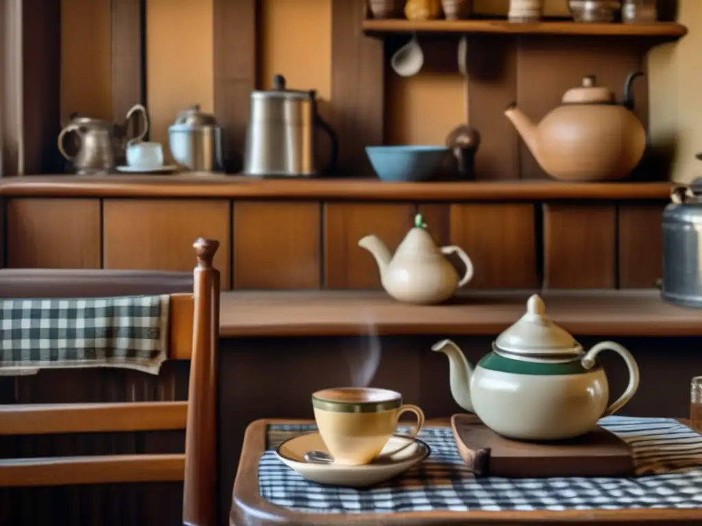 Escena nostálgica de un rincón acogedor en un café tradicional argentino: mesa de madera con mantel a cuadros, mate de cerámica y bombilla metálica