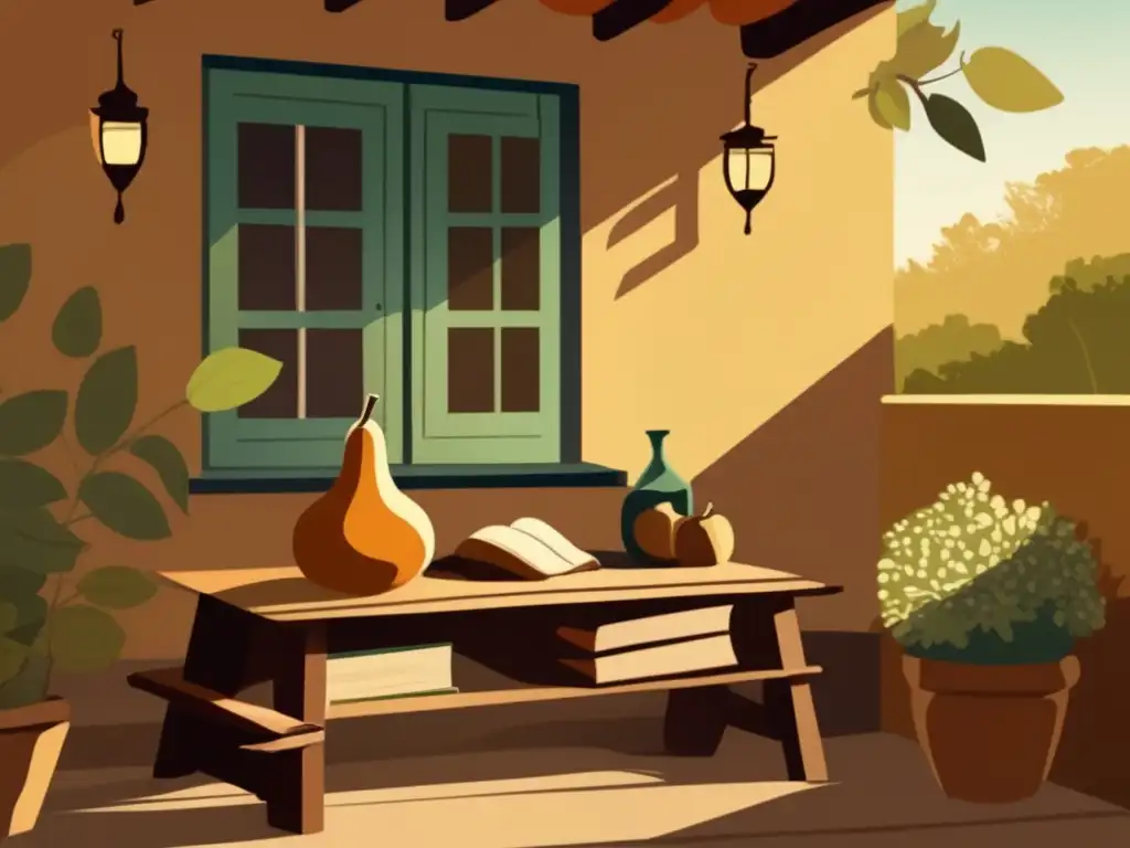 Escena de un patio tradicional argentino con mesa de madera rústica, mate y libros antiguos