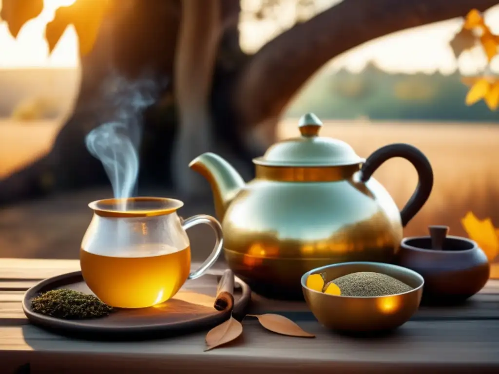 Escena rural: mesa de madera antigua con yerba mate, libro sobre beneficios psicológicos, paisaje tranquilo