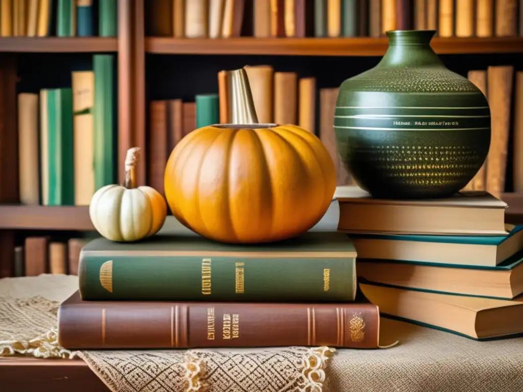 Escena literaria con mate y libros antiguos Escena rústica y acogedora con mesa de madera, mate y bombilla